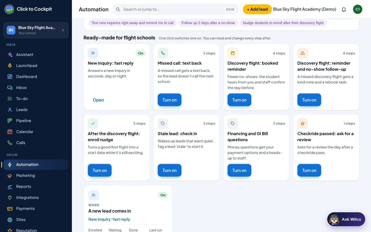 Click to Cockpit: Automation (real screen, demo school)