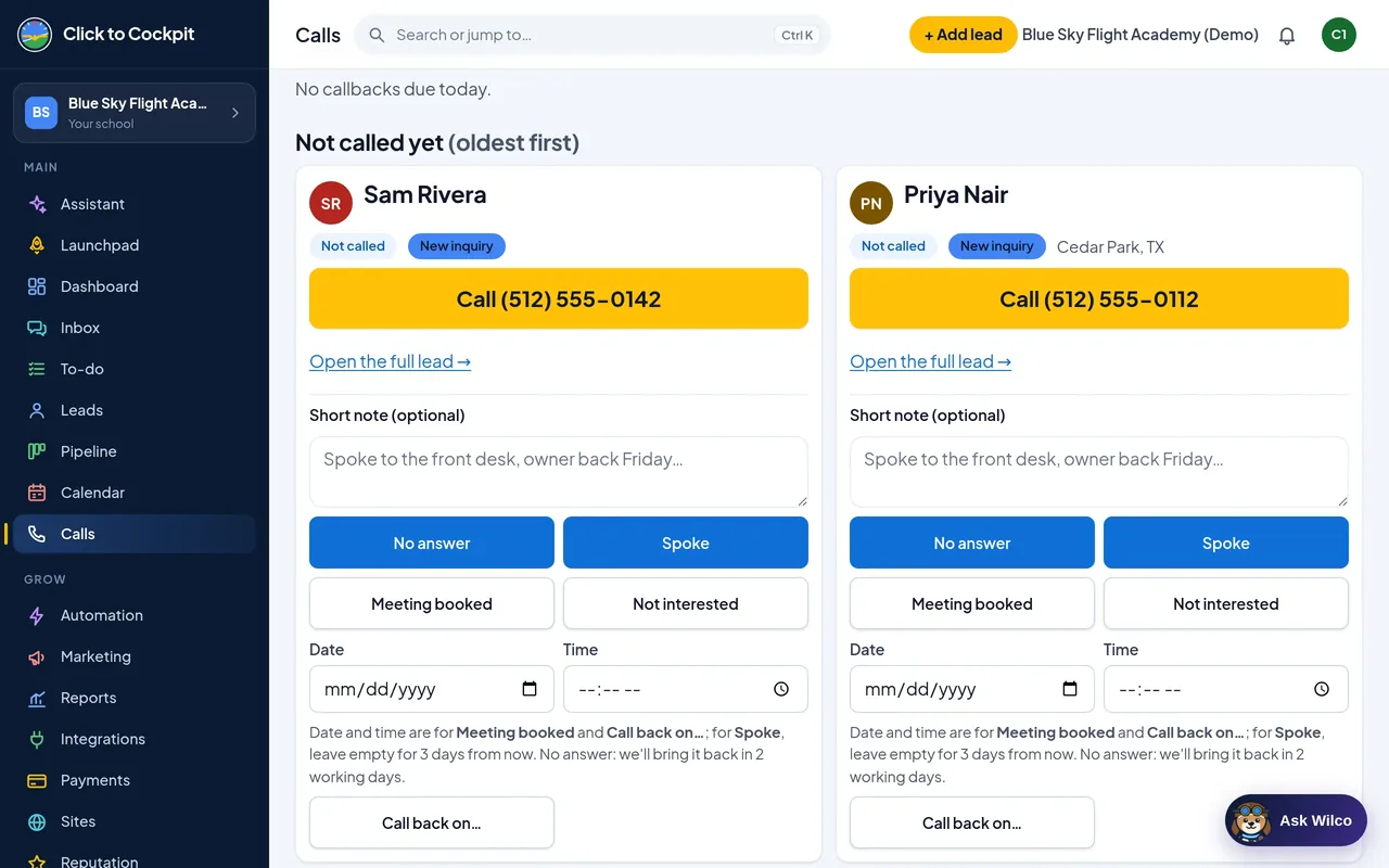 Click to Cockpit: calls and text-back (real screen, demo school)