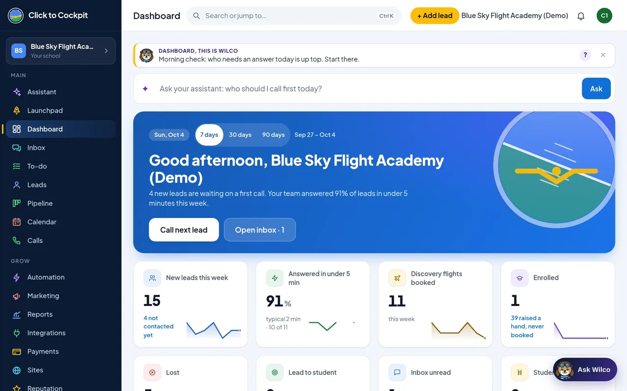 Click to Cockpit: Dashboard (real screen, demo school)