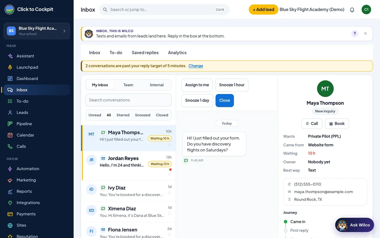 Click to Cockpit: one inbox (real screen, demo school)