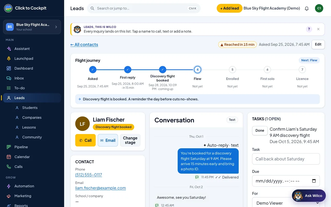 Click to Cockpit: Lead page (real screen, demo school)