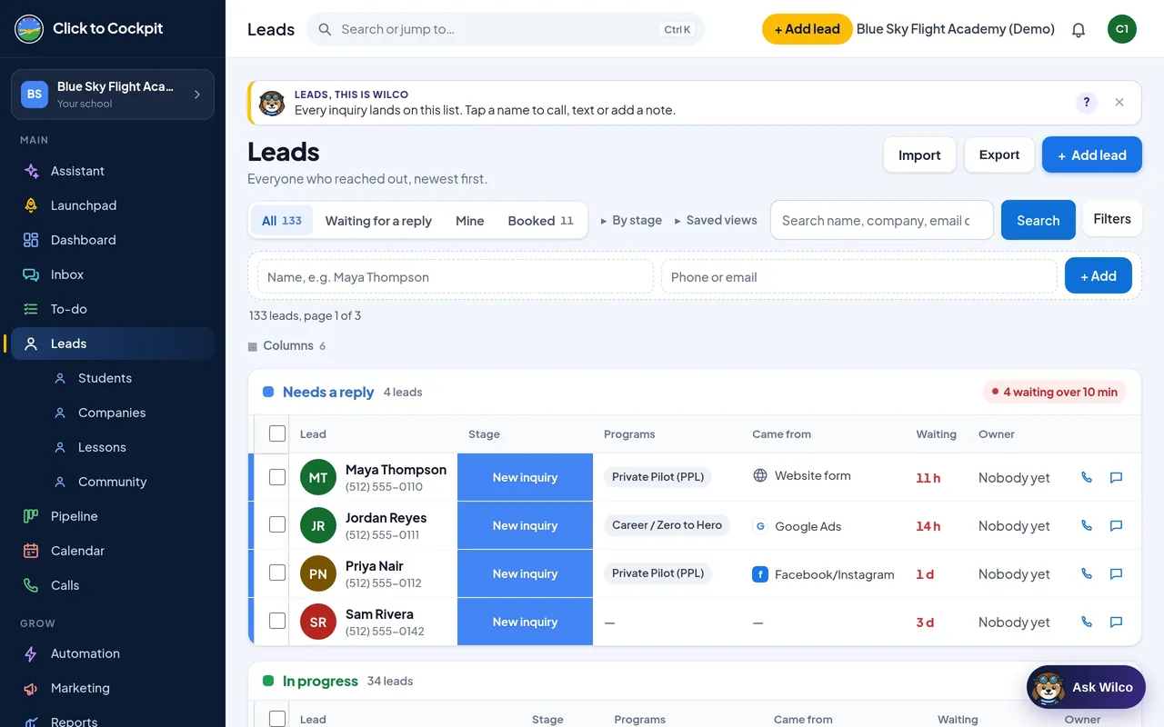 Click to Cockpit: Leads (real screen, demo school)