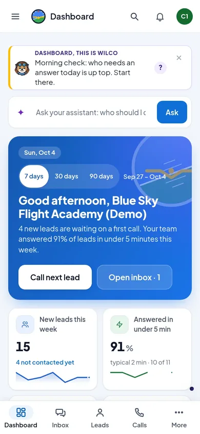 Click to Cockpit on a phone: today's inquiries and who to call next