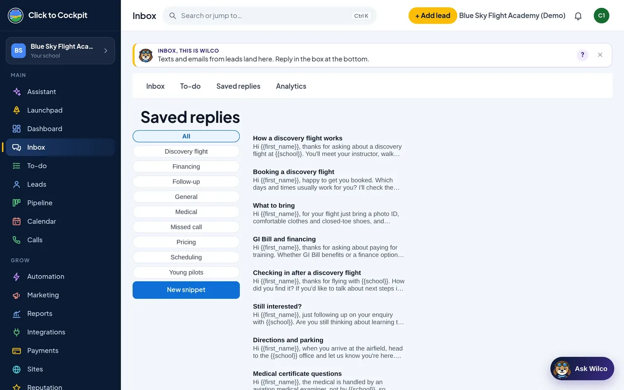 Click to Cockpit: saved replies (real screen, demo school)