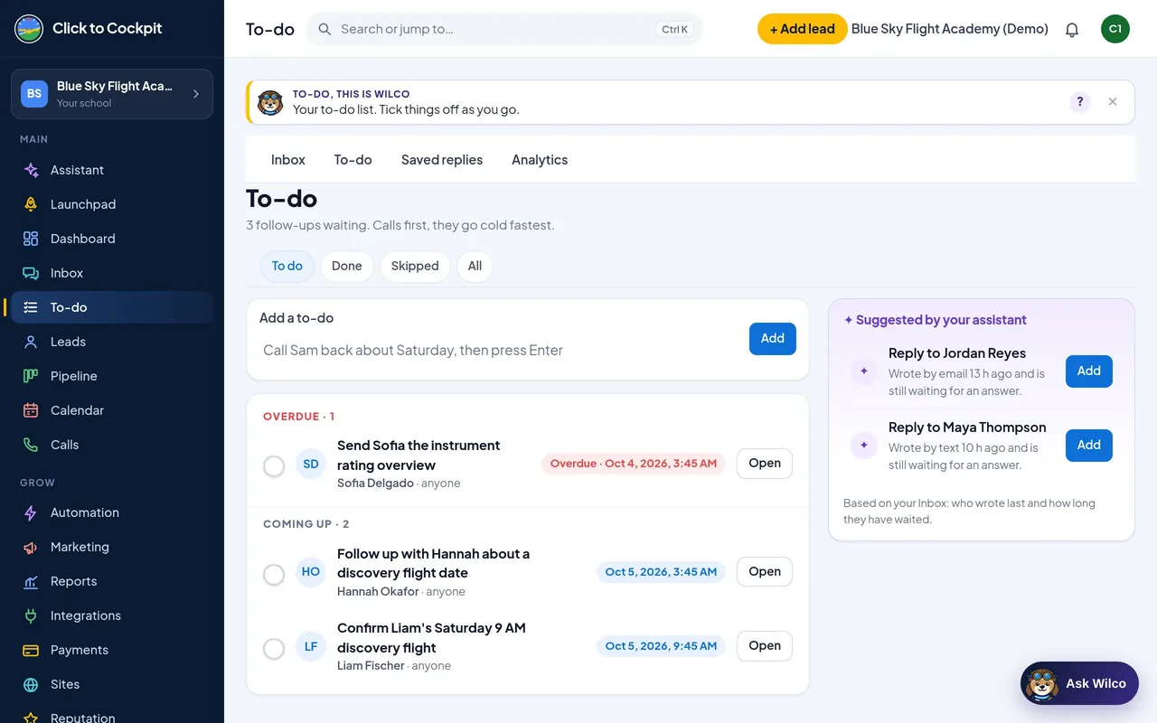Click to Cockpit: to-do list of follow-ups (real screen, demo school)